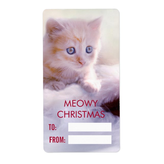 Étiquette Petit Kitten reposant sur un chapeau de Noël Meowy (Devant)