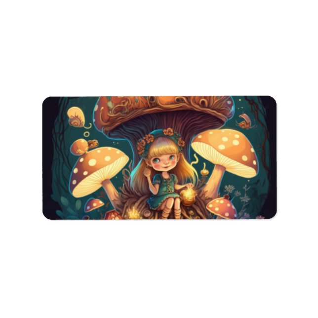 Étiquette Petite elve de fille parmi les champignons (Devant)