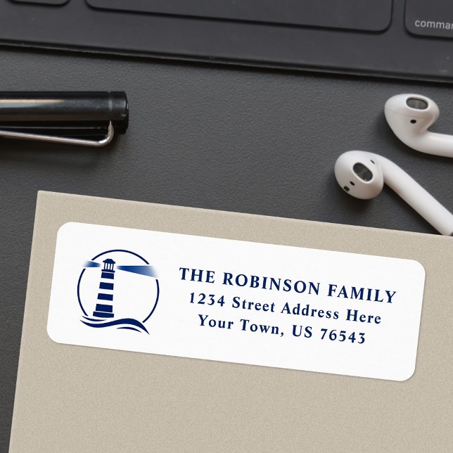 Étiquette Phare Nautique Ocean Waves Blue White Adresse (Créateur téléchargé)