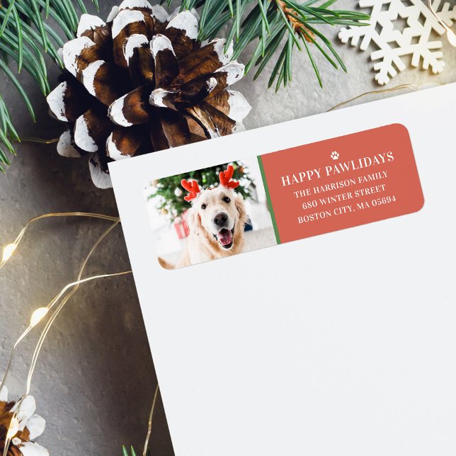 Étiquette Photo de Noël de chien Happy Pawlidays Adresse (Dog Christmas Photo Happy Pawlidays Address Label)