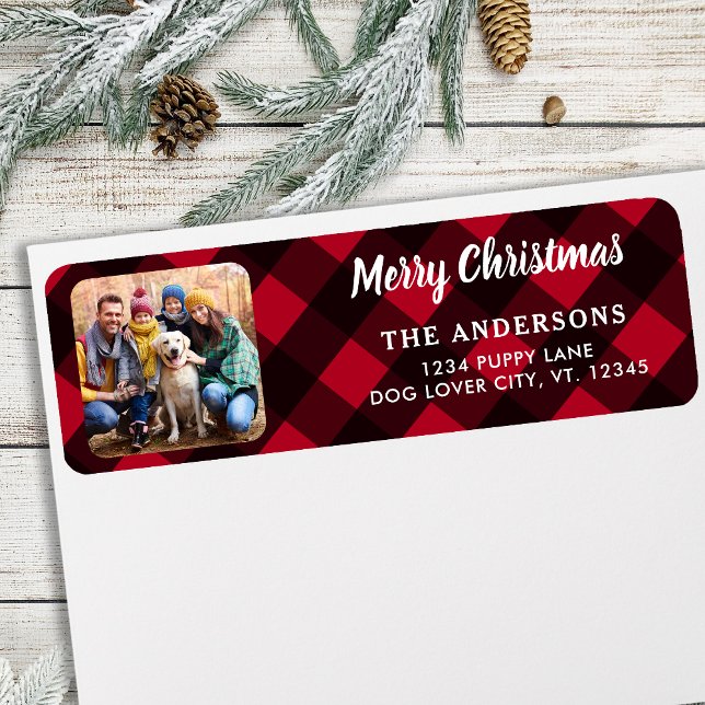 Étiquette Photo personnalisée Joyeux Noël Buffalo rouge Plai (Créateur téléchargé)