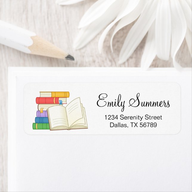Étiquette Pile de livres et livre ouvert (En situation)