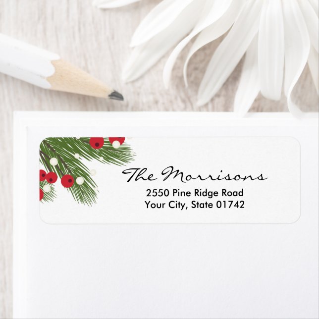Étiquette Pin de Noël & Berry Custom White Adresse de retour (En situation)