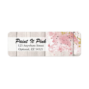Étiquette Pinceau de peinture rose et or sur bois rustique