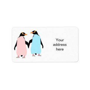 Étiquette Pingouins roses et bleus se tenant la main.