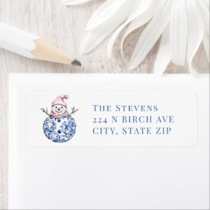 Étiquette Pink and Blue Grandmillennial Damask Snowman