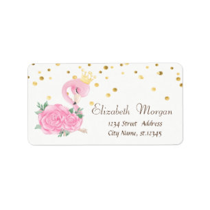 Étiquette Pink Baby Flamingo, Flower Faux Gold Foil Confetti