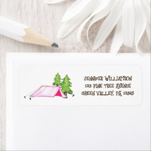 Étiquette Pink Camping Tente and Pine Trees Adresse de retou