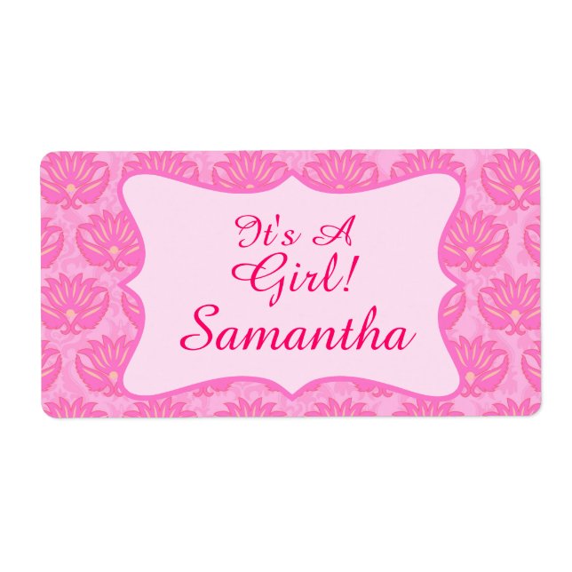 Étiquette Pink Damask Baby Girl Nom Naissance personnalisée (Devant)