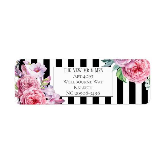 Étiquette Pink Floral et Stripe Adresse de retour (Devant)