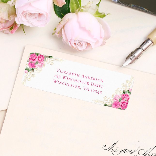 Étiquette Pink Gold Floral Aquarelle Mariage Adresse de reto (Créateur téléchargé)