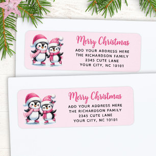 Étiquette Pink Joyeux Noël mignon patinage sur glace pingoui