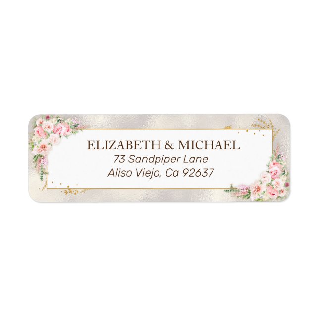 Étiquette Pink Peony Floral Gold Script Retourner l'adresse (Devant)