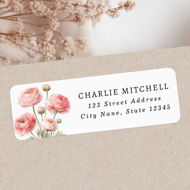 Étiquette Pink ranunculus peinture de fleur adresse de retou (Pink ranunculus flower painting return address label)