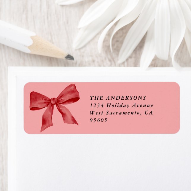 Étiquette Pink Red Bow Christmas Retour Adresse (En situation)