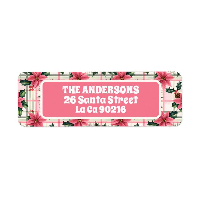 Étiquette Pink Retro Noël Floral Plaid Joyeux Noël (Devant)