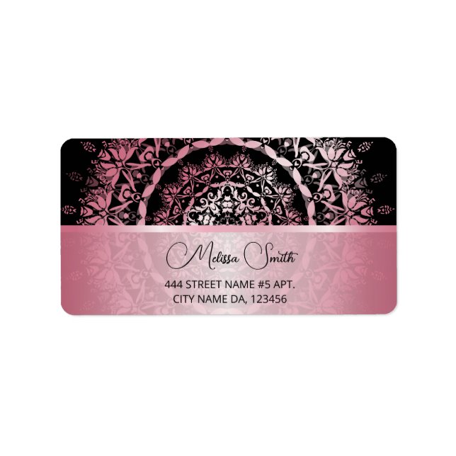Étiquette Pink Shiny Metallic Black Mandala (Devant)