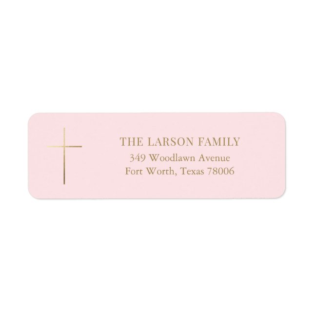 Étiquette Pink Simple Elegant Gold Cross Baptism Adresse (Devant)