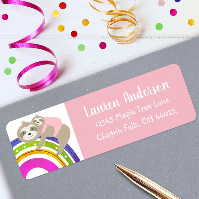 Étiquette Pink Sloths Boho Rainbow Girl Adresse Baby shower (Créateur téléchargé)