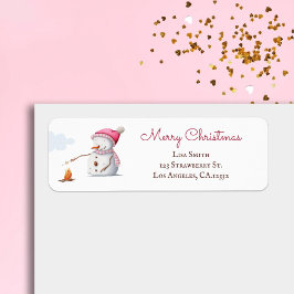 Étiquette Pink Snowman Marshmallows Noël Adresse de retour