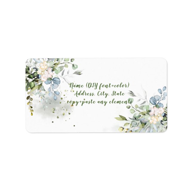 Étiquette PixDezines Aquarelle Florale+Gomme Bleue Eucalyptu (Devant)