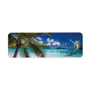 Étiquette Plage tropicale, palmier, sirène de mer