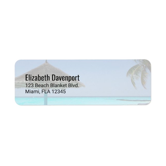 Étiquette Plage tropicale pittoresque avec parapluie de chau (Devant)