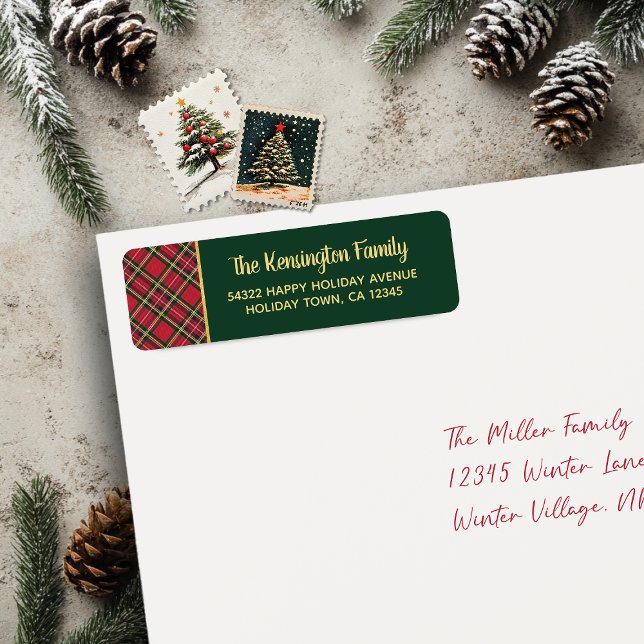 Étiquette Plaid Gold Foil Script Christmas Adresse de retour (Plaid Gold Foil Script Christmas Return Address Labels)