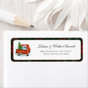Étiquette Plaid Red Truck Family Christmas Adresse de retour