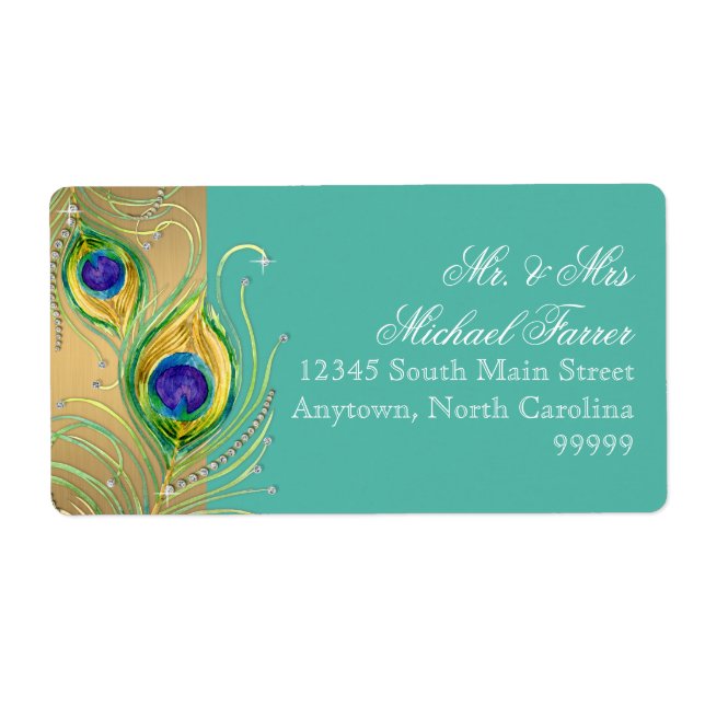 Étiquette Plumes de paon moderne Faux Bijoux Scroll Turquois (Devant)