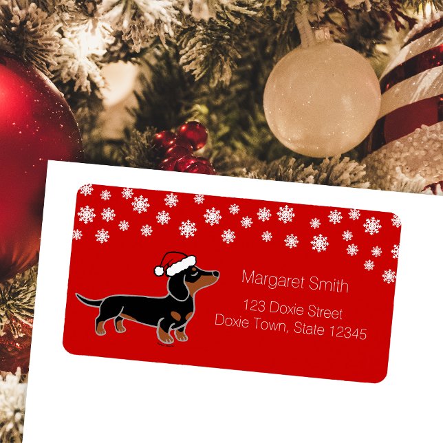 Étiquette Poing de Noël noir et Tan Dachshund (Black and Tan Smooth Haired Haired Dachshund posing Christmas Return Address Labels for Dachshund )