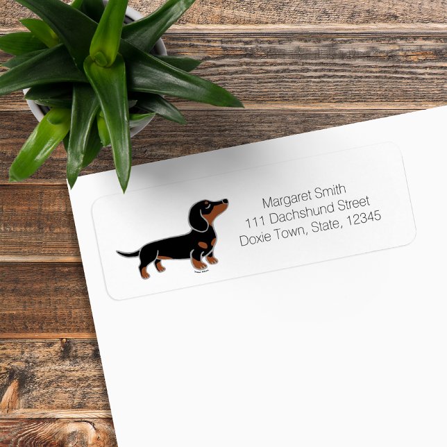 Étiquette Poing noir et Tan Dachshund (Black and Tan Dachshund Posing Cartoon Design Return Address Label for Dachshund Owners.)