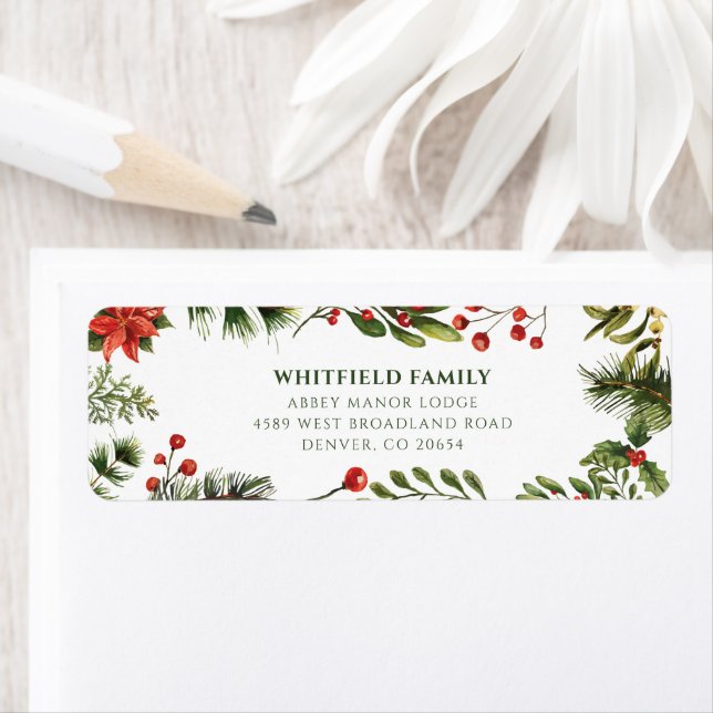 Étiquette Poinsettia Christmas Greenery Adresse de retour (En situation)