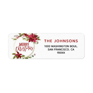 Étiquette Poinsettia Holly Wreath Red Gold Merry Christmas