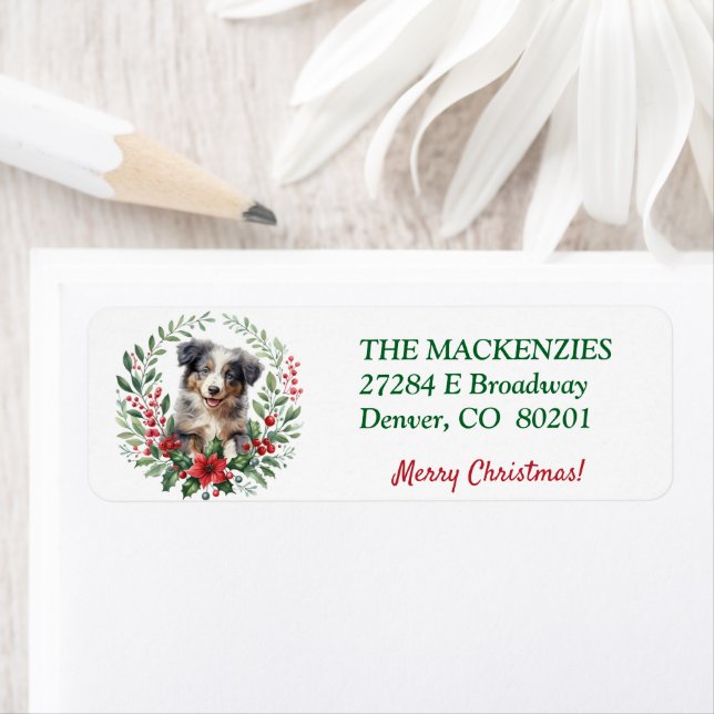 Étiquette Poinsettia Wreath Aussie Chiot Adresse de retour (En situation)