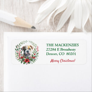 Étiquette Poinsettia Wreath Bulldog Puppy Adresse de retour