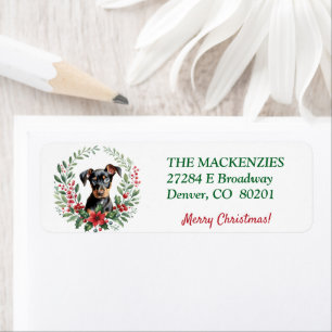 Étiquette Poinsettia Wreath Doberman Puppy Adresse de retour