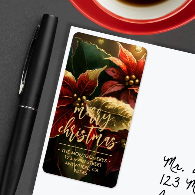 Étiquette Poinsettias Merry Christmas Return Address (Red and gold poinsettias Merry Christmas large vertical return address labels)