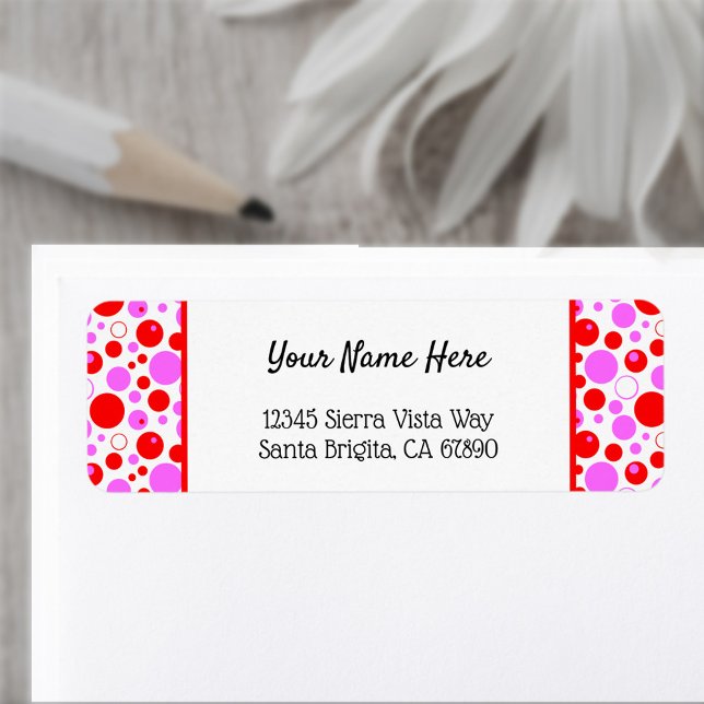 Étiquette Pois et cercles roses rouges - Retour modifiable (Pink and red polka dots custom return address labels)