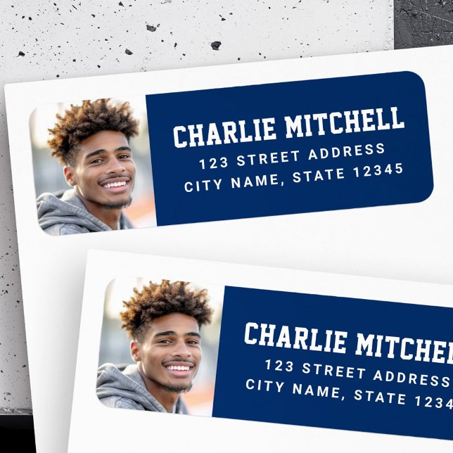 Étiquette Police de police bleue de l'université de photo d' (Graduate photo college font blue return address label)