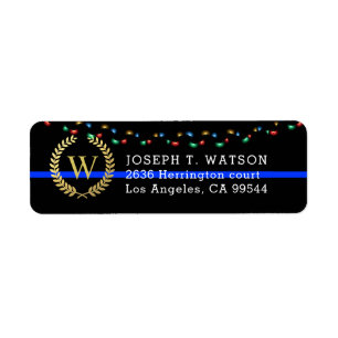 Étiquette Police Monogram Faux Gold Wreath Holiday Adresse