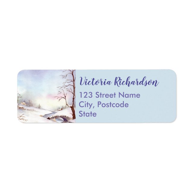 Étiquette Pont Neige Aquarelle Peinture Paysage (Devant)