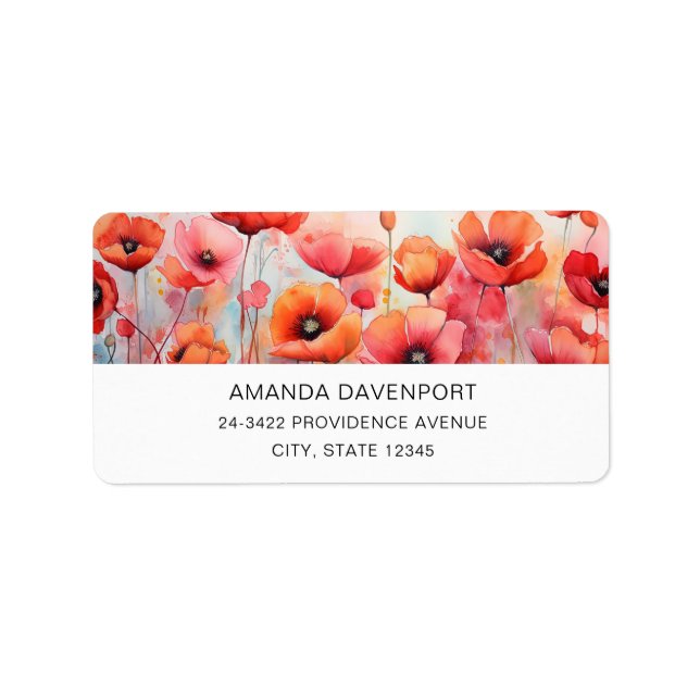 Étiquette Poppies d'aquarelle rouge dans une adresse de cham (Devant)
