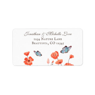 Étiquette Poppies orange et papillons bleus Adresse florale