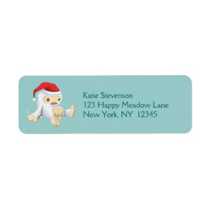Étiquette Poupée Yeti de Noël portant un chapeau de Père Noë