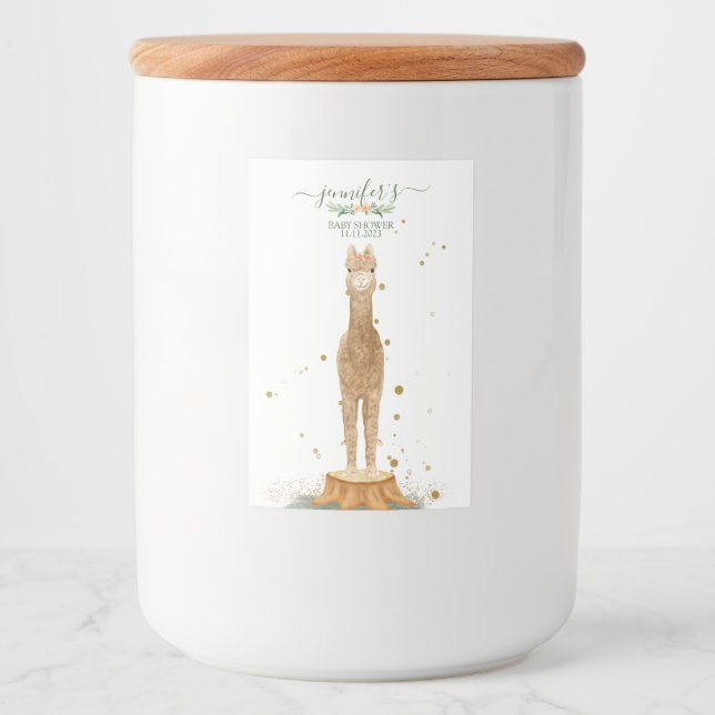 Étiquette Pour Bocaux Alpaca script baby shower birthday farm animal (Devant)