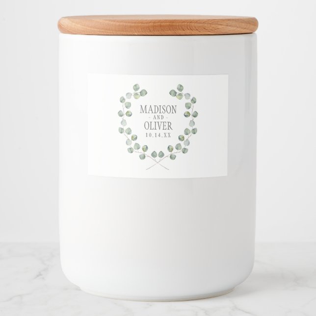 Étiquette Pour Bocaux Aquarelle Eucalyptus cadre feuille | MARIAGE (Devant)