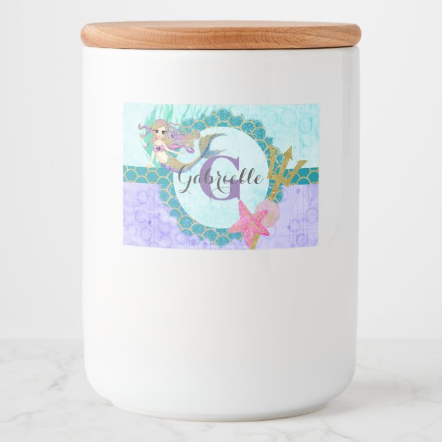 Étiquette Pour Bocaux Aquarelle mignonne de sirène Monogramme Turquoise  (Devant)