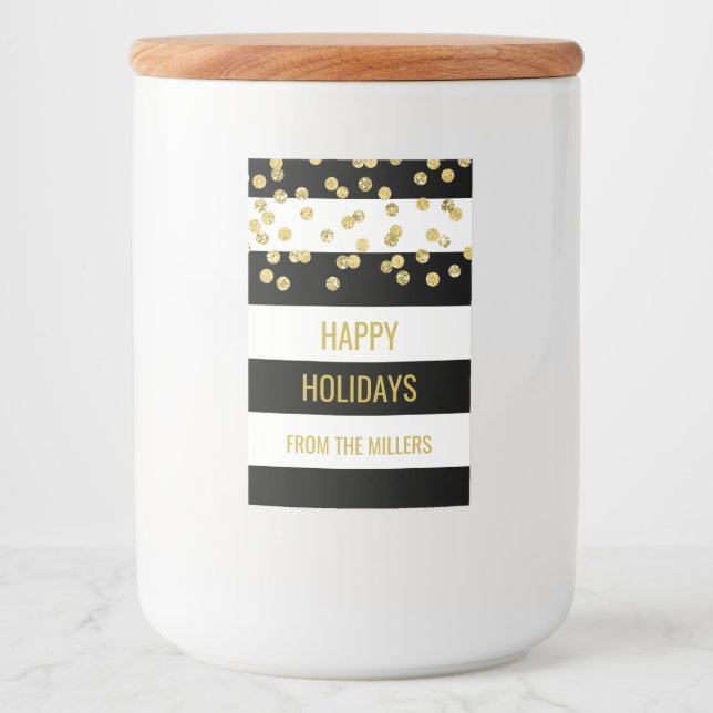 Étiquette Pour Bocaux Black Stripes Gold Confetti (Devant)