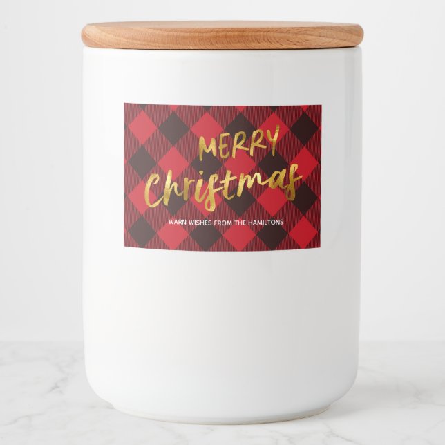 Étiquette Pour Bocaux Buffalo Red Plaid et Gold Foil Script Noël (Devant)